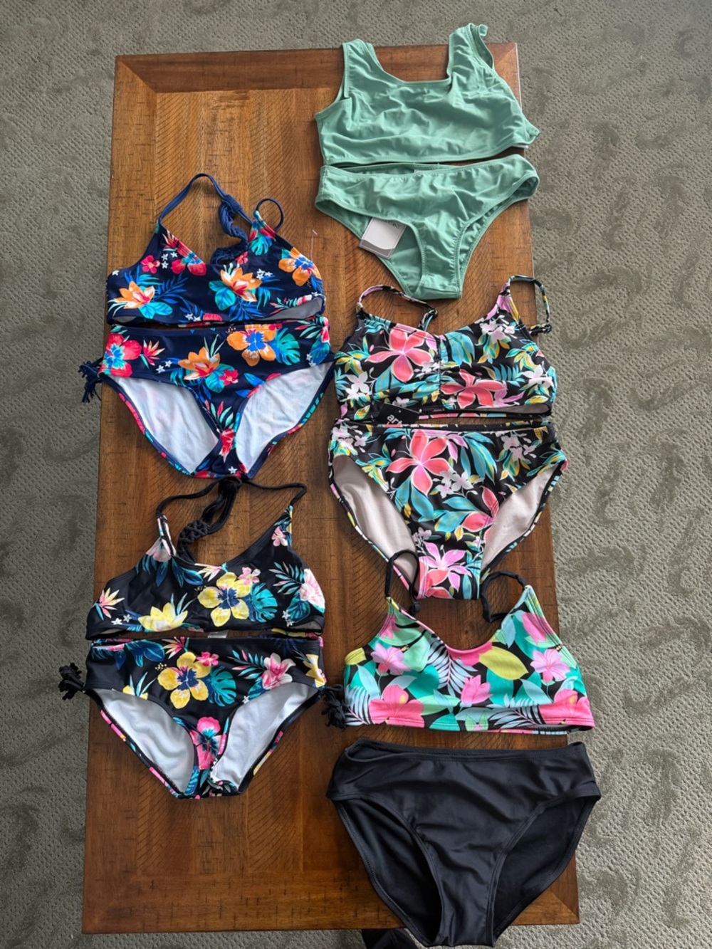 Mixed Floral & Solid Girls' Swimwear Set - Mint + Black + Tropical Prints